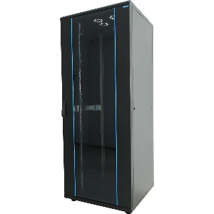 Baie COMETE noire 22U 600x600 porte AV vitrée / porte AR tôle